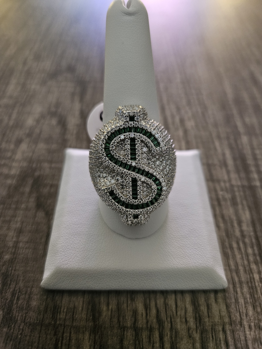 5.18 CTW Moissanite Dollar Sign Ring 925 Sterling Silver Emerald Green Size 11